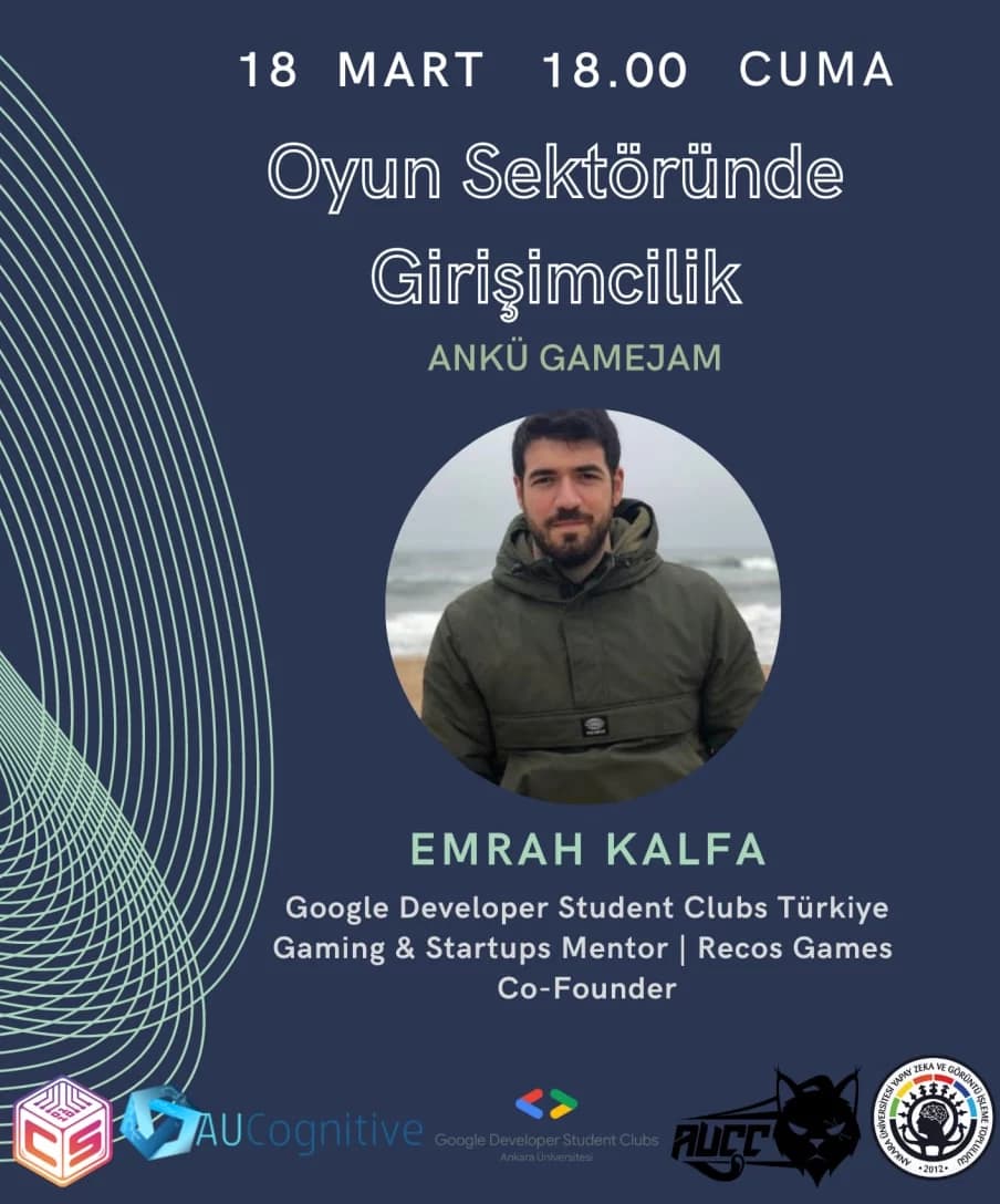 Event poster for Entrepreneurship in the Game Industry at ANKÜ GameJam on 18 March, featuring Emrah Kalfa.